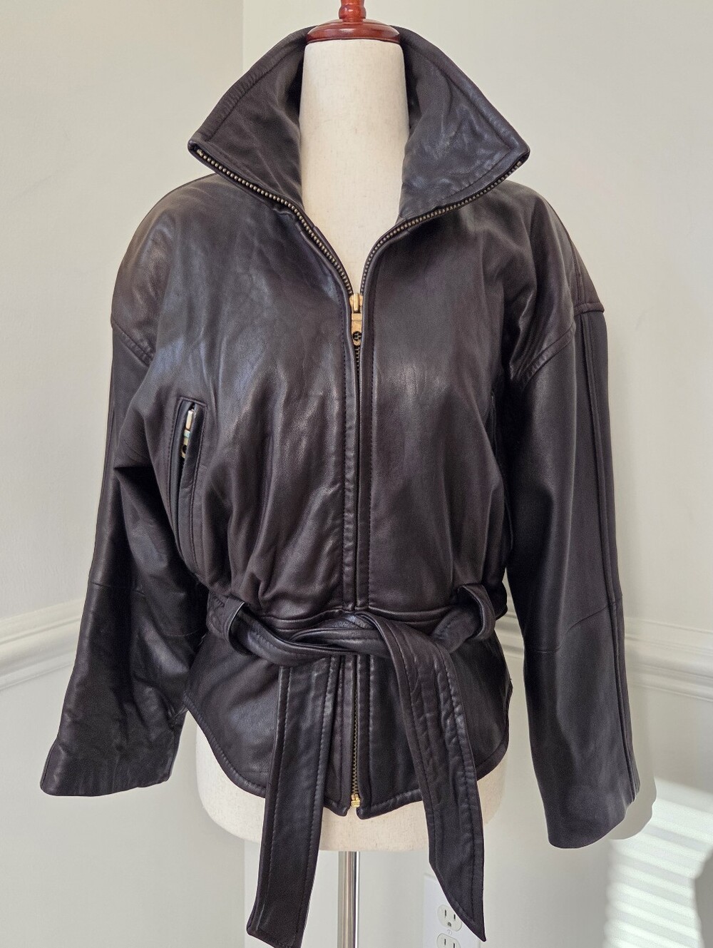 Vintage Andrew Marc Black Leather Jacket Petite M Belted 80s Power Shoulder